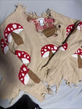 Rue21 Beige Mushroom Knit Sweater with Red & White Accents